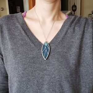 Vintage Handmade Navy Blue Stained Glass Leaf Necklace
